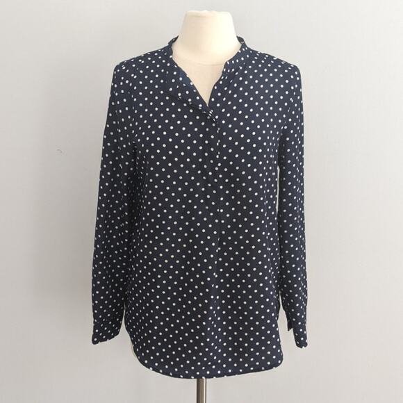 Women's J.Crew Navy Polka Dot Blouse Medium Long Sleeve Top Business - Picture 1 of 6